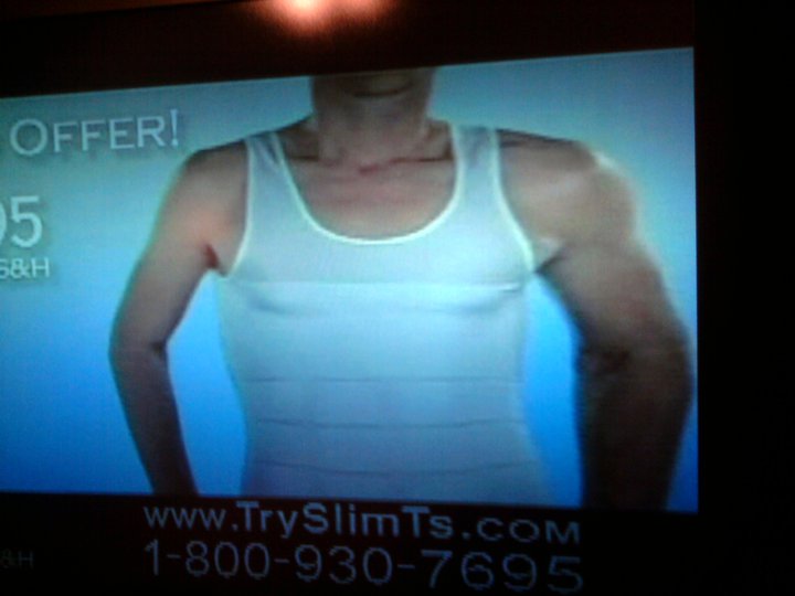 A late night commercial for "Slim-T" men's girdles... seriously, where is their airbrush artist?