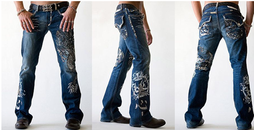 Diamond-studded dragon tiger boot-cut distressed jeans