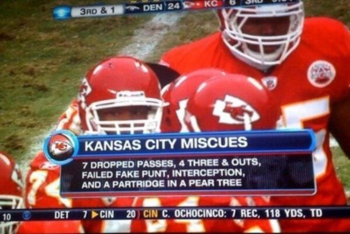 kansas city chiefs memes - 3RD & 1 Den 24 Kc 6 Jau Kansas City Miscues 7 Dropped Passes, 4 Three & Outs, Failed Fake Punt, Interception, And A Partridge In A Pear Tree 10 O Det 7 Cin 20 Cin C. Ochocinco 7 Rec, 118 Yds, To