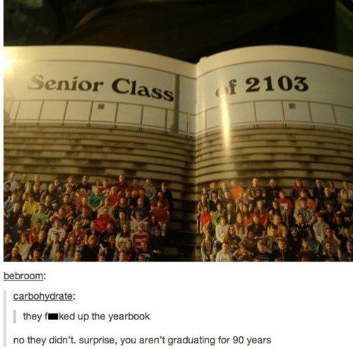 Senior Class of 2103 bebroom carbohydrate they faked up the yearbook no they didn't surprise, you aren't graduating for 90 years