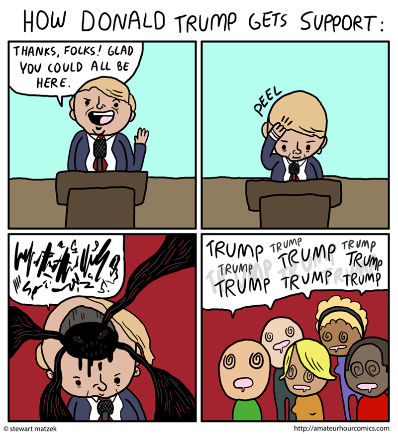 donald trump comic strip - How Donald Trump Gets Support Thanks, Folks! Glad You Could All Be Here. Trump Truien U me Trump' tico Trump Trump Trump stewart matzek