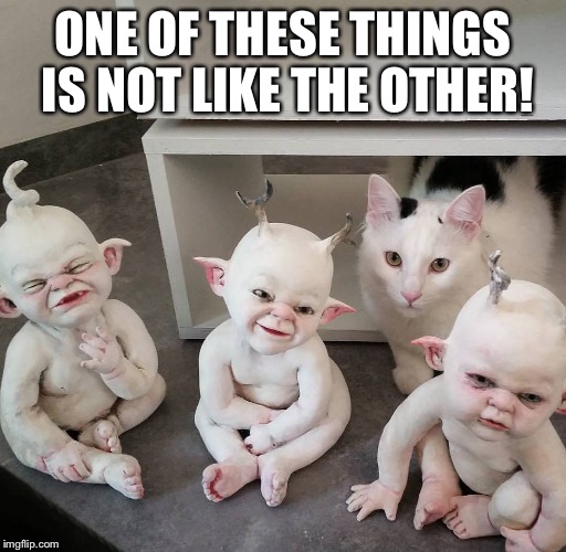 Caturday meme of a cat photobombing alien babies