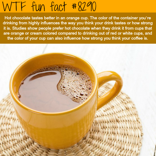 cup milk chocolate orange - Wtf fun fact Hot chocolate tastes better in an orange cup. The color of the container you're drinking from highly influences the way you think your drink tastes or how strong it is. Studies show people prefer hot chocolate when