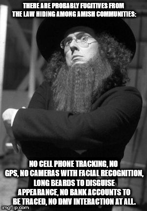 weird al yankovic - There Are Probably Fugitives From The Law Hiding Among Amish Communities No Cell Phone Tracking, No Gps, No Cameras With Facial Recognition, Long Beards To Disguise Appearance, No Bank Accounts To Be Traced, No Dmv Interaction At All.