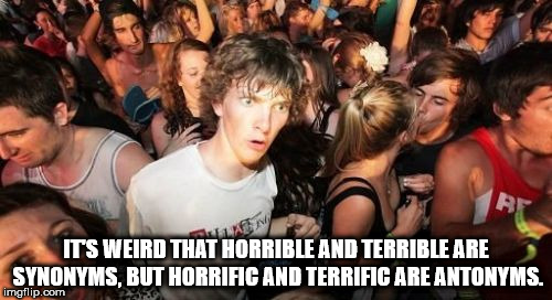 sudden clarity clarence template - Its Weird That Horrible And Terrible Are Synonyms, But Horrific And Terrific Are Antonyms. imgflip.com