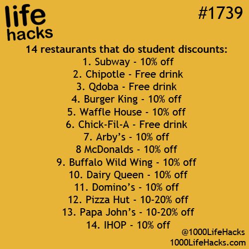 life hacks college - life hacks 14 restaurants that do student discounts 1. Subway 10% off 2. Chipotle Free drink 3. Qdoba Free drink 4. Burger King 10% off 5. Waffle House 10% off 6. ChickFilA Free drink 7. Arby's 10% off 8 McDonalds 10% off 9. Buffalo W