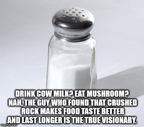 salt shaker - B Drink Cow Milk Eat Mushroom? Nah, The Guy Who Found That Crushed Rock Makes Food Taste Better And Last Longer Is The True Visionary. imgflip.com
