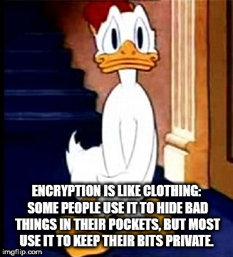 donald duck wearing a towel - Encryption Is Clothing Some People Use It To Hide Bad Things In Their Pockets, But Most Use It To Keep Their Bits Private imgflip.com