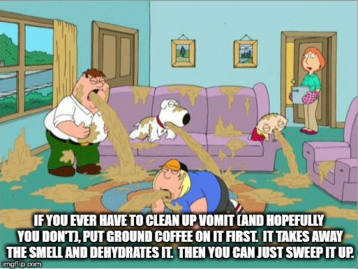 family guy puke meme - If You Ever Have To Clean Up Vomit And Hopefully You Donti, Put Ground Coffee On It First. It Takes Away The Smell And Dehydrates It. Then You Can Just Sweep It Up. imgflip.com