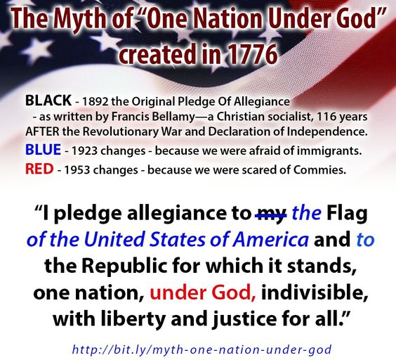 original pledge of allegiance - The Myth of One Nation Under God" created in 1776 Black 1892 the Original Pledge Of Allegiance as written by Francis Bellamya Christian socialist, 116 years After the Revolutionary War and Declaration of Independence. Blue 