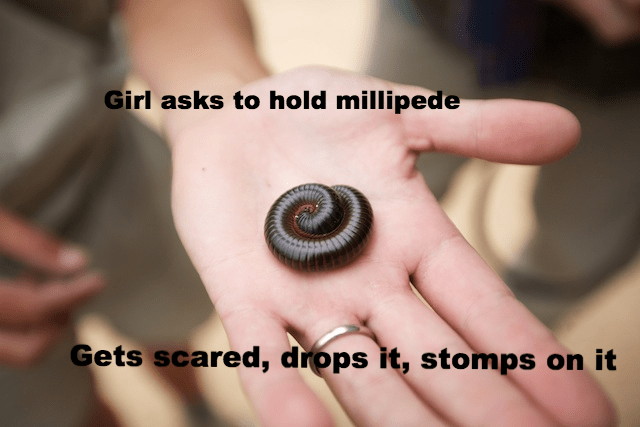 croatian railways - Girl asks to hold millipede Gets scared, drops it, stomps on it