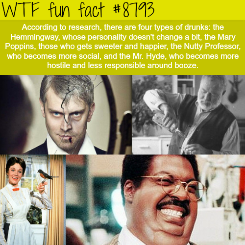 wtf facts - four types of drunks - Wtf fun fact According to research, there are four types of drunks the Hemmingway, whose personality doesn't change a bit, the Mary Poppins, those who gets sweeter and happier, the Nutty Professor, who becomes more socia