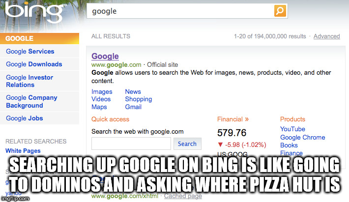 thought you were never coming - bing google Google All Results 120 of 194,000,000 results. Advanced Google Services Google Downloads Google Investor Relations Google Company Background Google Jobs Google Official site Google allows users to search the Web