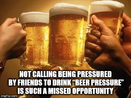 beer 3 cheers - Not Calling Being Pressured By Friends To Drink Beer Pressure" Is Such A Missed Opportunity imgflip.com