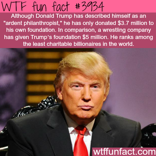 donald trump fun facts - Wtf fun fact Although Donald Trump has described himself as an "ardent philanthropist," he has only donated $3.7 million to his own foundation. In comparison, a wrestling company has given Trump's foundation $5 million. He ranks a
