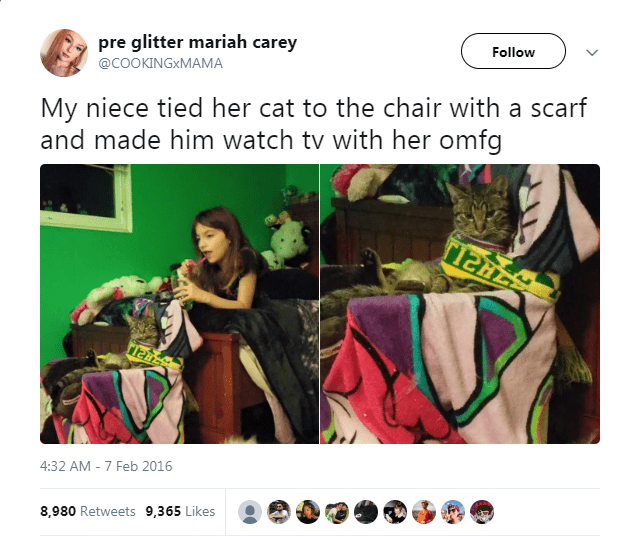 Caturday meme about a girl tying up a cat to make it sit with her