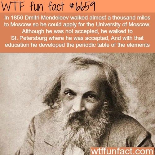dmitri mendeleev known - Wtf fun fact In 1850 Dmitri Mendeleev walked almost a thousand miles to Moscow so he could apply for the University of Moscow. Although he was not accepted, he walked to St. Petersburg where he was accepted, And with that educatio