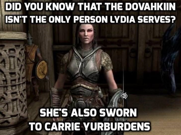 skyrim jokes - Did You Know That The Dovahkiin Isn'T The Only Person Lydia Serves? She'S Also Sworn To Carrie Yurburdens