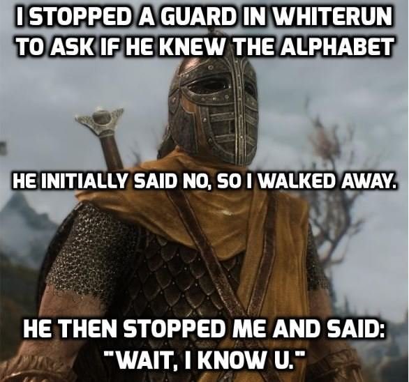 I Stopped A Guard In Whiterun To Ask If He Knew The Alphabet He Initially Said No, So I Walked Away. He Initially Sale He Then Stopped Me And Said "Wait, I Know U."