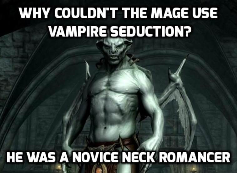 skyrim dad jokes - Why Couldn'T The Mage Use Vampire Seduction? He Was A Novice Neck Romancer