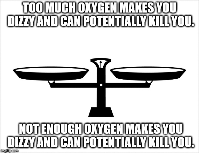 you mean to tell me - Too Much Oxygen Makes You Dizzy And Can Potentially Kill You. Not Enough Oxygen Makes You Dizzy And Can Potentially Kill You. imgflip.com