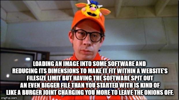 funny fast food worker - Loading An Image Into Some Software And Reducing Its Dimensions To Make It Fit Within A Websites Filesize Limit But Having The Software Spit Out An Even Bigger File Than You Started With Is Kind Of A Burger Joint Charging You More