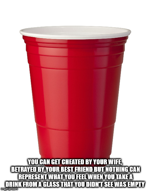 red plastic cup - You Can Get Cheated By Your Wife Betrayed By Your Best Friend But Nothing Can Represent What You Feel When You Take A Drink From A Glass That You Didnt See Was Empty imgflip.com