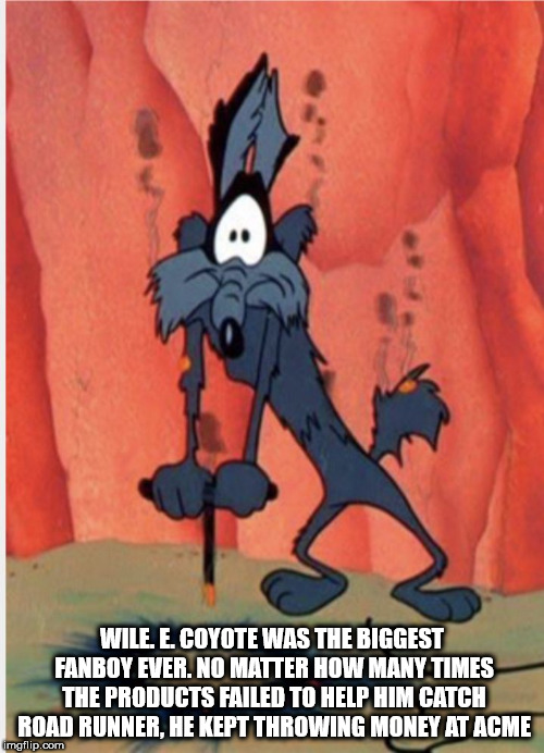 road runner cartoon - Wile E Coyote Was The Biggest Fanboy Ever. No Matter How Many Times The Products Failed To Help Him Catch Road Runner. He Kept Throwing Money At Acme imgflip.com