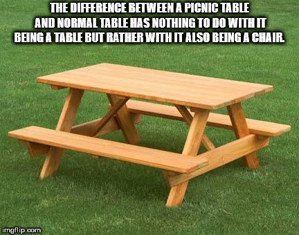 Picnic table - The Difference Between A Picnic Table And Normal Table Has Nothing To Do With It Being A Table But Rather With It Also Being A Chair. imgflip.com