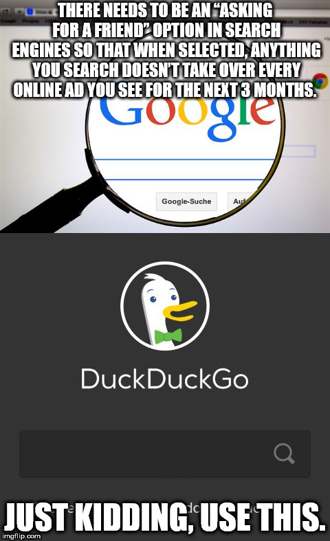 cartoon - There Needs To Be An Asking For A Friend Option In Search Engines So That When Selected Anything You Search Doesn'T Take Over Every Online Ad You See For The Next 3 Months. Google GoogleSuche DuckDuckGo Just Kidding, Use This. imgflip.com