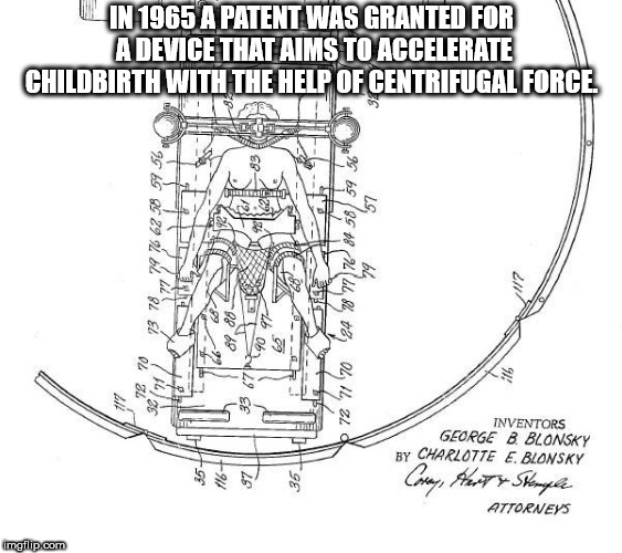 line art - In 1965 A Patent Was Granted For A Device That Aims To Acceterate Childbirth With The Help Of Centrifugal Force 99 66 g 29 2 2 694 78 77 76 84 58 59 56 82 El 9 78 70 06229 142 72 71 70 fall 91 Inventors George B Blonsky By Charlotte E. Blonsky 