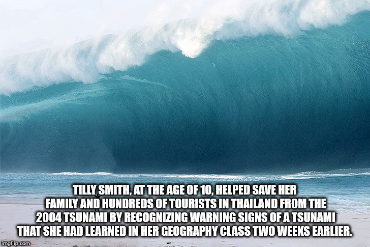 wave - Tilly Smith, At The Age Of 10, Helped Save Her Family And Hundreds Of Tourists In Thailand From The 2004 Tsunami By Recognizing Warning Signs Of A Tsunami That She Had Learned In Her Geography Class Two Weeks Earlier. imgflip.com