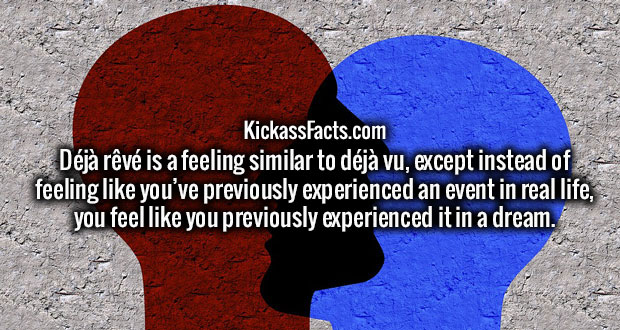 world - KickassFacts.com Dj rv is a feeling similar to dj vu, except instead of feeling you've previously experienced an event in real life, you feel you previously experienced it in a dream.