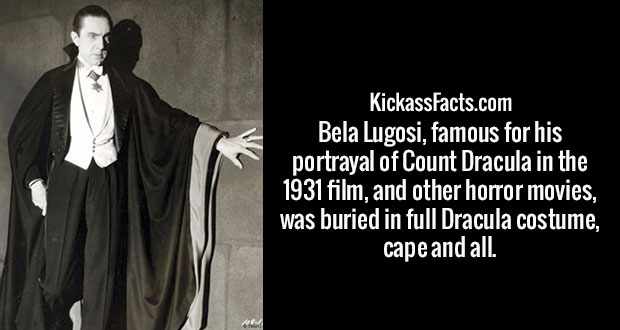 bela lugosi dracula - KickassFacts.com Bela Lugosi, famous for his portrayal of Count Dracula in the 1931 film, and other horror movies, was buried in full Dracula costume, cape and all.