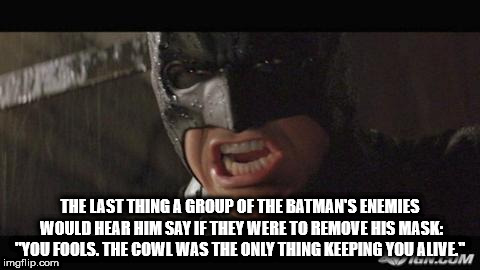photo caption - The Last Thing A Group Of The Batman'S Enemies Would Hear Him Say If They Were To Remove His Mask, "You Fools. The Cowl Was The Only Thing Keeping You Alive imgflip.com G.Lum