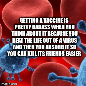 Getting A Vaccine Is Pretty Badass When You Think About It Because You Beat The Life Out Of A Virus And Then You Absorb It So You Can Kill Its Friends Easier imgflip.com