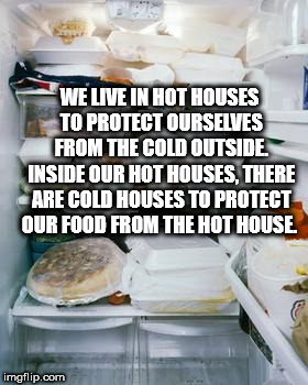 baking - We Live In Hot Houses To Protect Ourselves From The Cold Outside. Inside Our Hot Houses, There Are Cold Houses To Protect Our Food From The Hot House imgflip.com
