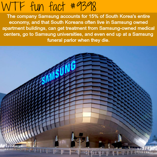 wtf facts - samsung companies - Wtf fun fact The company Samsung accounts for 15% of South Korea's entire economy, and that South Koreans often live in Samsung owned apartment buildings, can get treatment from Samsungowned medical centers, go to Samsung u