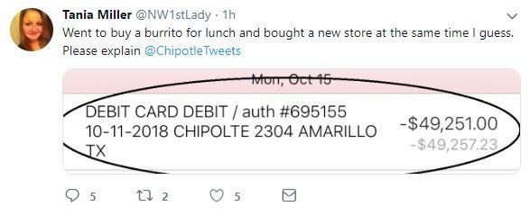 diagram - Tania Miller . 1h Went to buy a burrito for lunch and bought a new store at the same time I guess. Please explain Tweets tutort, Oct 15 Debit Card Debit auth 10112018 Chipolte 2304 Amarillo Tx $49,251.00 $49,25723 95 272 0 5 0