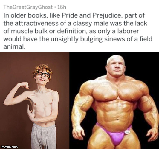 bodybuilder weak meme - TheGreatGray Ghost 16h In older books, Pride and Prejudice, part of the attractiveness of a classy male was the lack of muscle bulk or definition, as only a laborer would have the unsightly bulging sinews of a field animal. imgflip