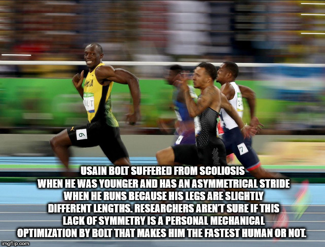usain bolt smiling in race - Usain Bolt Suffered From Scoliosis When He Was Younger And Has An Asymmetrical Stride When He Runs Because His Legs Are Slightly Different Lengths. Researchers Arent Sure If This Lack Of Symmetry Is A Personal Mechanical Optim