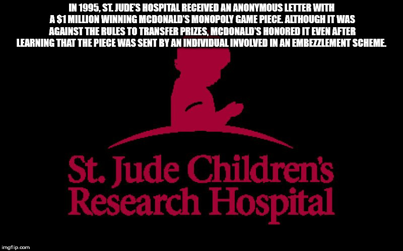 poster - In 1995. St Jude'S Hospital Received An Anonymous Letter With A $1 Million Winning Mcdonald'S Monopoly Game Piece. Although It Was Against The Rules To Transfer Prizes, Mcdonald'S Honored It Even After Learning That The Piece Was Sent By An Indiv