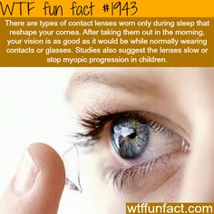 contact lenses fun facts - Wtf fun fact There are types of contact lenses worn only during sleep that reshape your cornea. After taking them out in the moming. your vision is as good as it would be while normally wearing contacts or glasses. Studies also 