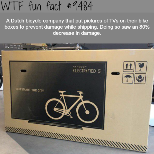 vanmoof box - Wtf fun fact A Dutch bicycle company that put pictures of TVs on their bike boxes to prevent damage while shipping. Doing so saw an 80% decrease in damage. Vanmoof Electrfieds Outsmart The City