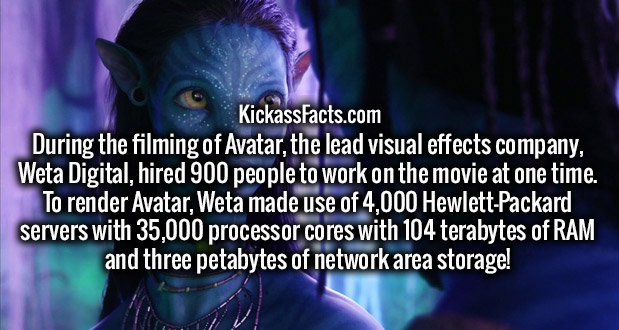 photo caption - KickassFacts.com During the filming of Avatar, the lead visual effects company, Weta Digital, hired 900 people to work on the movie at one time. To render Avatar, Weta made use of 4,000 HewlettPackard servers with 35,000 processor cores wi
