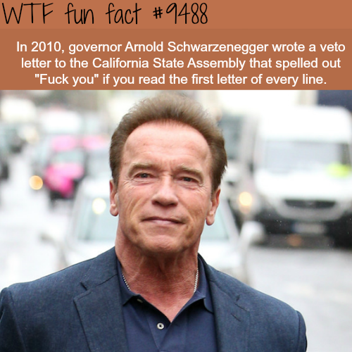 schwarzenegger in stan lee's superhero kindergarten - Wtf fun fact In 2010, governor Arnold Schwarzenegger wrote a veto letter to the California State Assembly that spelled out "Fuck you" if you read the first letter of every line.
