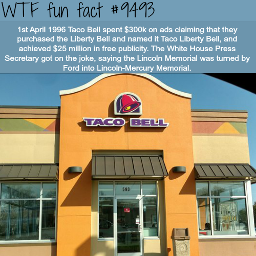 wtf taco facts - Wtf fun fact 1st Taco Bell spent $ on ads claiming that they purchased the Liberty Bell and named it Taco Liberty Bell, and achieved $25 million in free publicity. The White House Press Secretary got on the joke, saying the Lincoln Memori