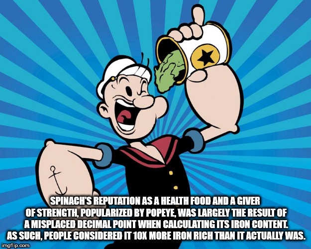 Spinach'S Reputation As A Health Food And A Giver Of Strength. Popularized By Popeye, Was Largely The Result Of A Misplaced Decimal Point When Calculating Its Iron Content As Such, People Considered It 10X More Iron Rich Than It Actually Was. imgflip.com