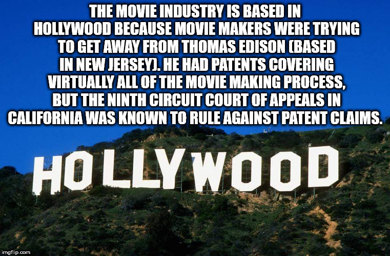nature - The Movie Industry Is Based In Hollywood Because Movie Makers Were Trying To Get Away From Thomas Edison Based In New Jersey. He Had Patents Covering Virtually All Of The Movie Making Process, But The Ninth Circuit Court Of Appeals In California 