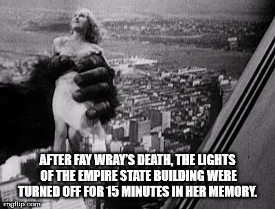 fay wray in king kong - After Fay Wray'S Death, The Lights Of The Empire State Building Were Turned Off For 15 Minutes In Her Memory. imgflip.com